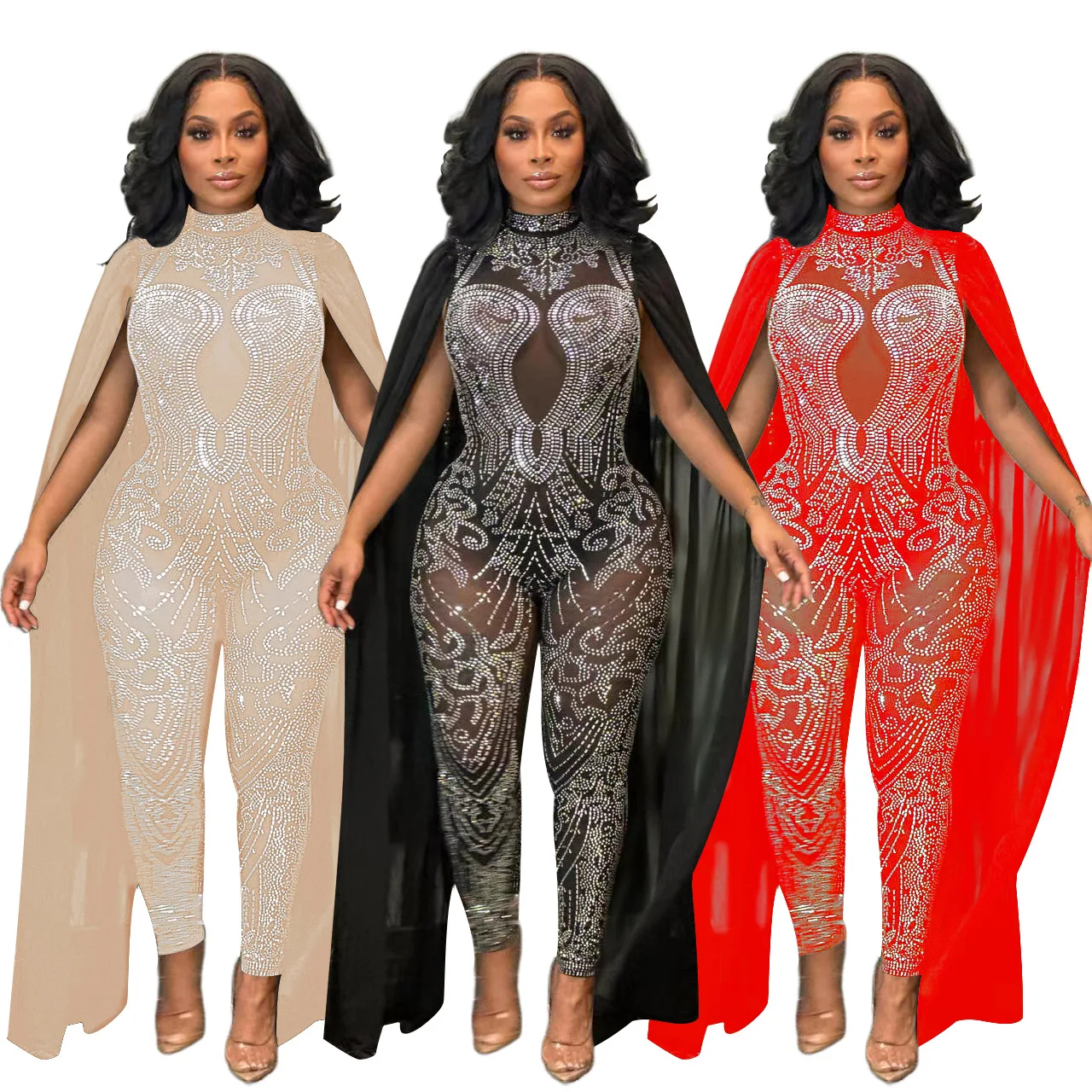 Sexy Sheer Mesh Jumpsuits for Women Fashion Slip Sleeve Hot Diamonds Bodysuit 2022 Ladies Diamond Night Party Bodycon Clubwear