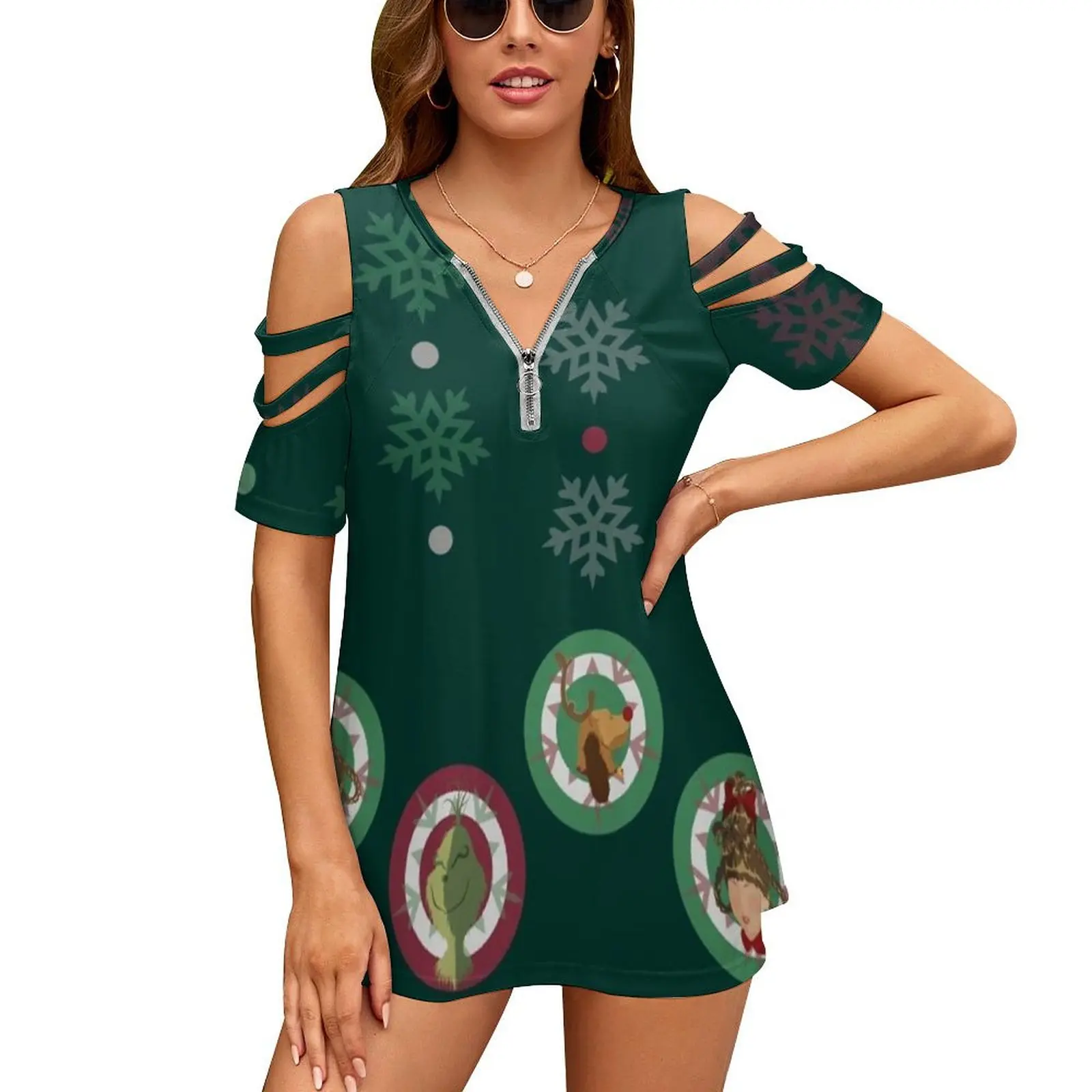 

Женская футболка с принтом, V-образным вырезом и молнией