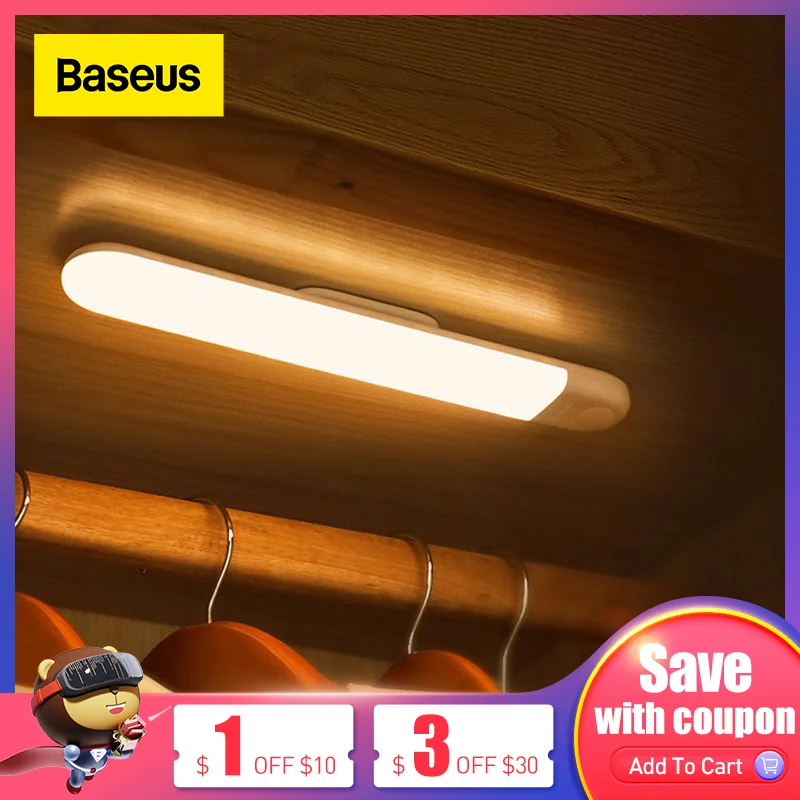 

Baseus LED Wardrobe Light PIR Motion Sensor Light USB Rechargeable Night Light LED Night Lamp Magnet Wall Light Warm White Light