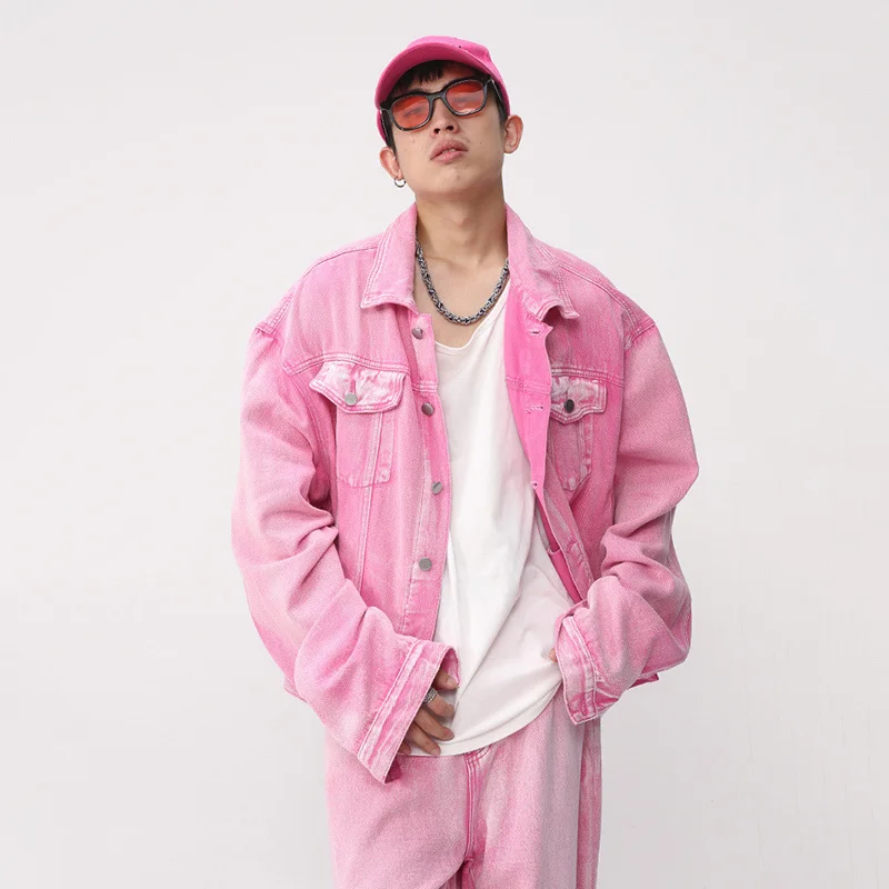 NOYMEI Pink Two Pieces Set Fashionable Long Sleeve Pocket Coat+straight Wide Leg Casual Pants Men Fashionable Trendy WA1595