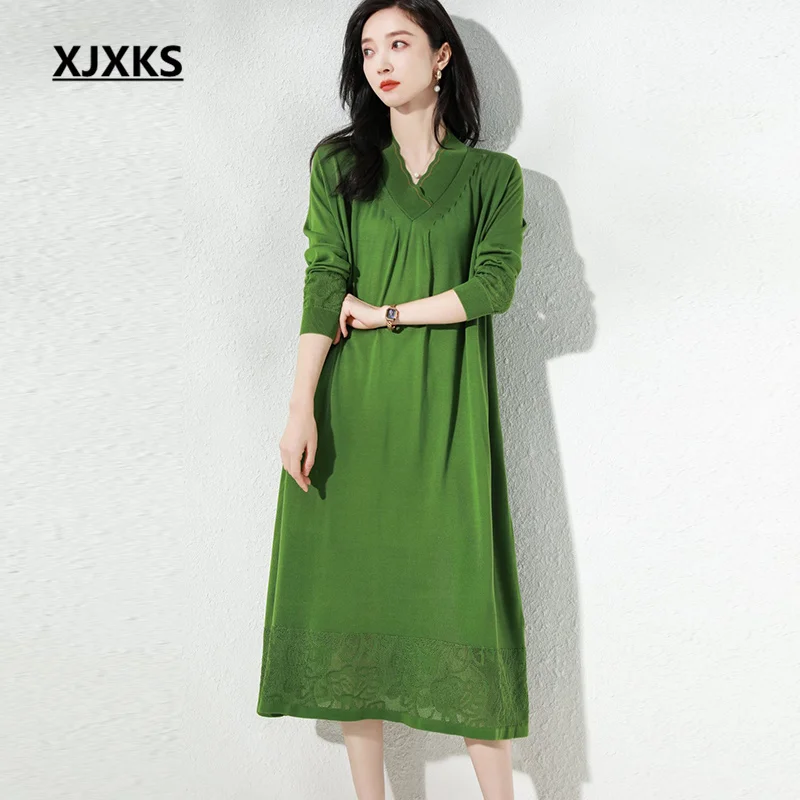 

Модные женские платья XJXKS с V-образным вырезом, новинка сезона весна-осень 2023, Свободный вязаный Яркий Женский Длинный пуловер большого размера, платья