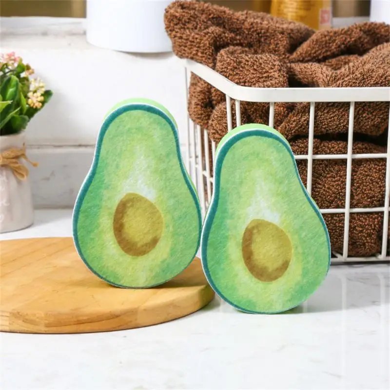 

1/4pcs Double-sided Cleaning Sponges Avocado Dishwashing Sponge Wipe Household Cute Cartoon Polyester Kitchen Tableware Brush