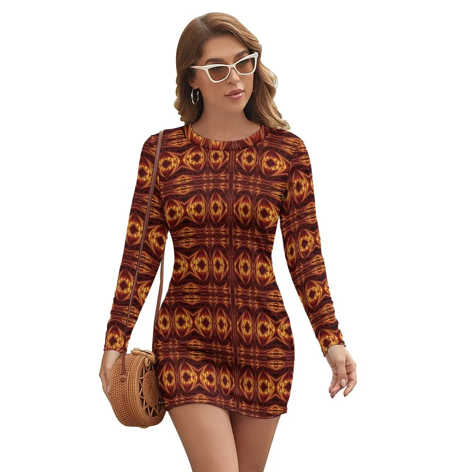 

Sun And Fire Dress Long Sleeve Abstract Golden Print Sexy Dresses Autumn Female Street Fashion Graphic Bodycon Dress Big Size
