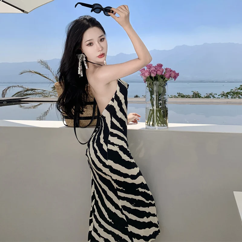 

New Halter Elegant Women Backless Long Club Dress 2023 Summer Sexy Slim Black Zebra Stripes Vacation Party Clothing Y2K Vestidos