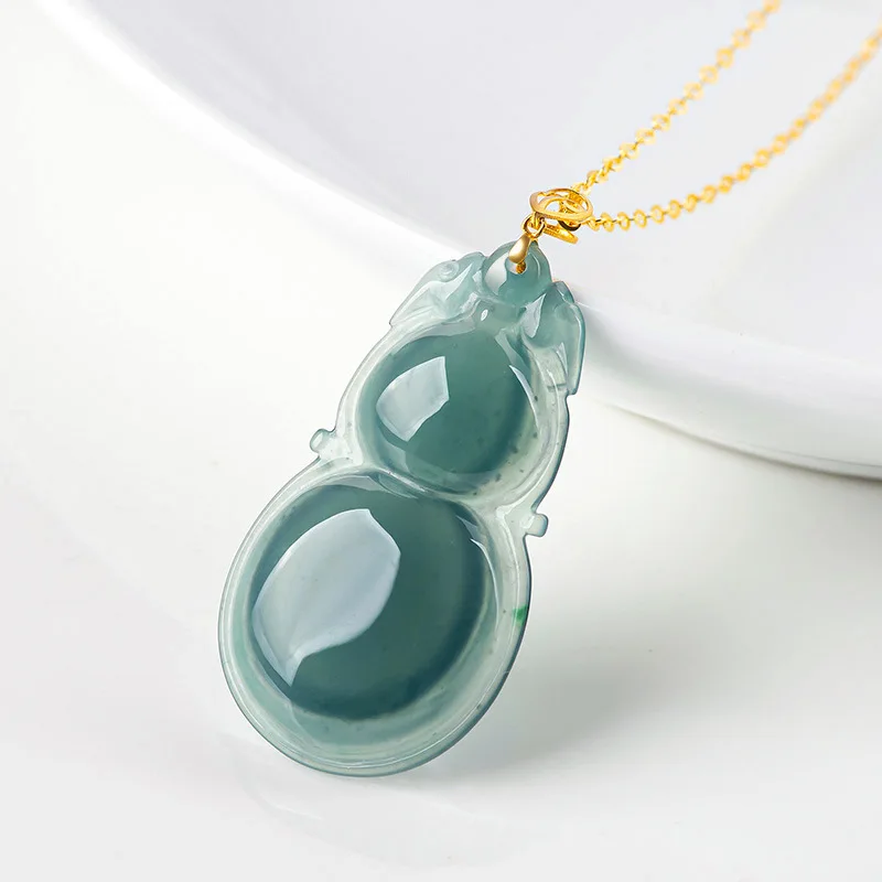 

Burmese Jade Gourd Pendant Emerald Amulet Jadeite Gemstone 925 Silver Gemstones Necklace Natural Blue Gift Real Designer