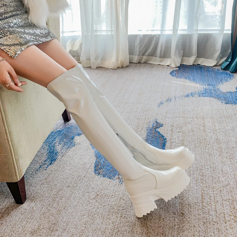 Ботфорты выше колена на очень высокой толстой платформе квадратный носок