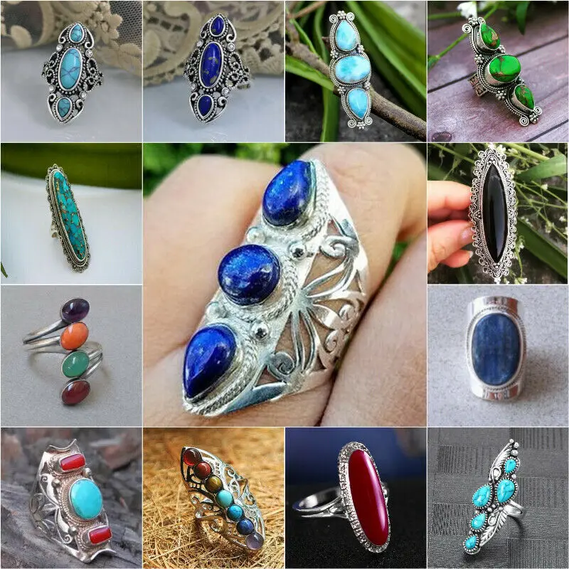 

Vintage Women's Ring Bohemian Exaggerated Ring Inlaid Big Stone Antique Silver Color Engraving Classic Ladies Jewelry