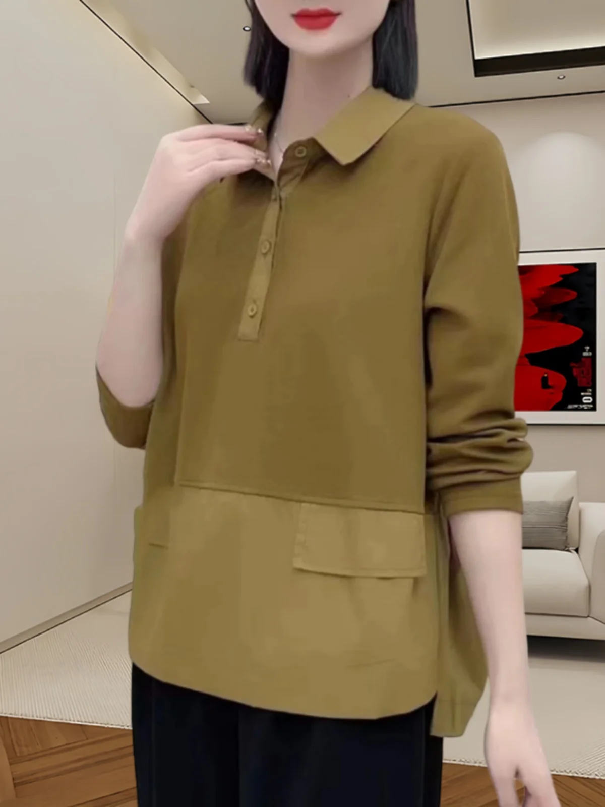 Long sleeve Women's Shirt Early Autumn New Polo Collar Solid Faux Pocket Design Small Loose Younger Casual Top