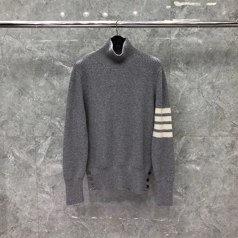 

Autunm THOM Sweater Winter Male Fashion Brand Men's Clothing Wool 4-Bar Stripe Turtleneck Knit Gray TB Sweaters