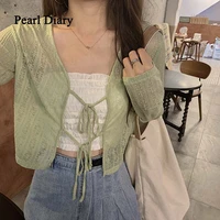 pearl diary solid color thin sunscreen shirt v neck knitting top women frenulum hollow out long sleeve cardigan