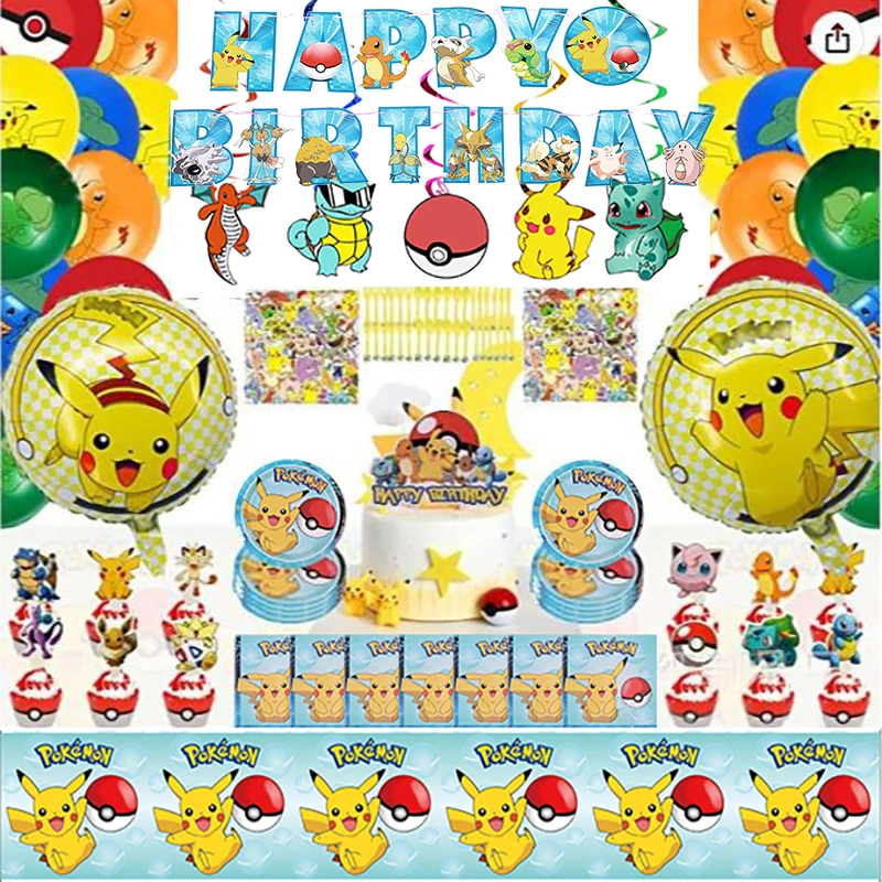 

Покемон тематический украшения на день рождения, Пикачу, фон на день рождения, баннер, шары, набор одноразовой посуды, детские товары для веч...