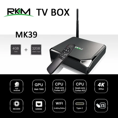 ТВ-приставка RKM MK39 на Android 2,4, Rockchip RK3399, 4 Гб, 32 ГБ, 802.11AC, 1000G, M, LAN, USB, Type-c, цифровой информационный медиаплеер