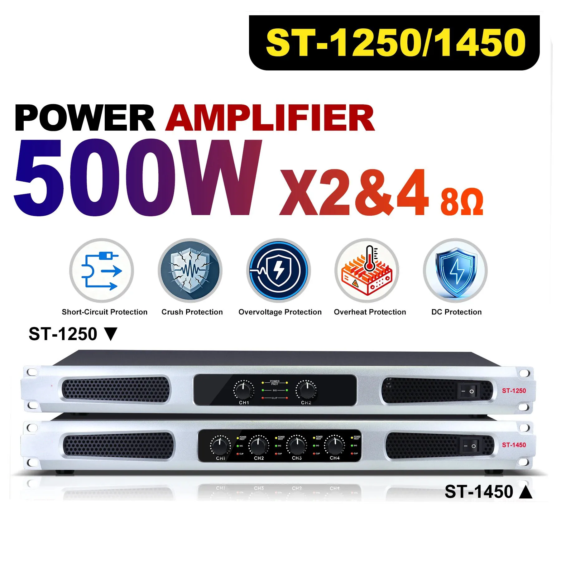 Фото Профессиональный усилитель мощности P ST-1250 ST-1450, 500 Вт*2/4-канальный стереофонический аудиоусилитель 8 Ом, THD 0.005% для KTV, сцены, домашнего кинотеатра №1