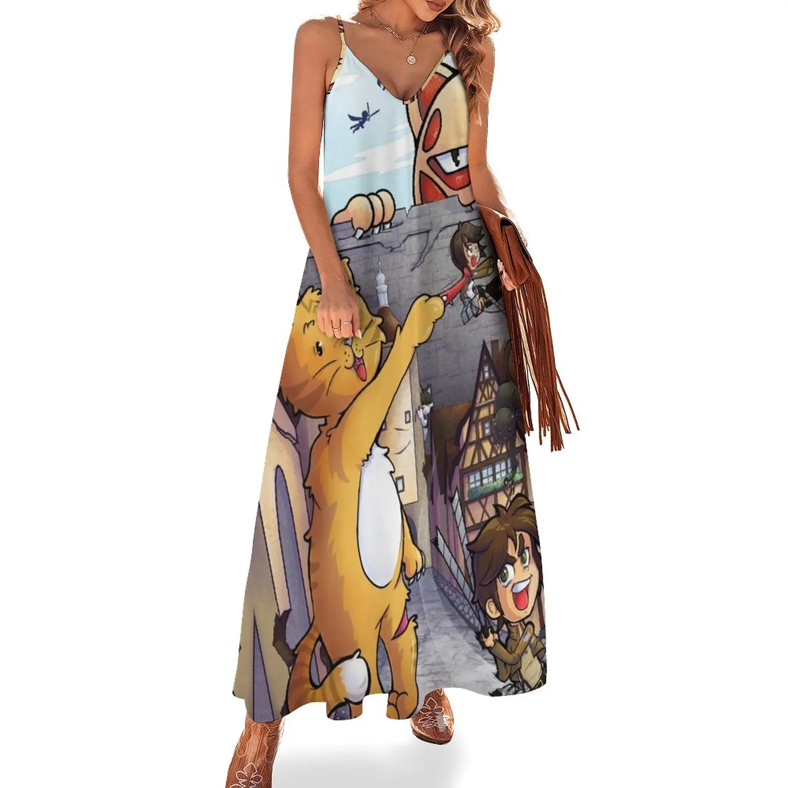 

Japanese Anime Print Dress Attack on Kitten Vintage Maxi Dress V Neck Beach Long Dresses Strap Street Style Oversize Vestidos