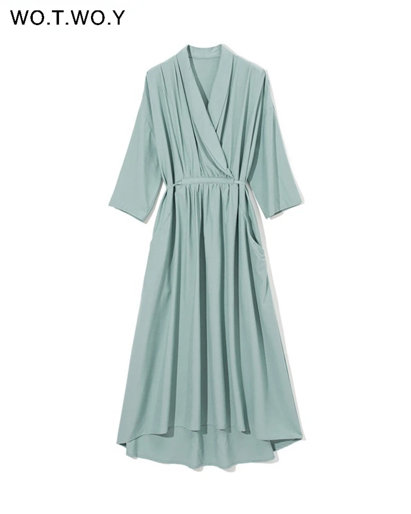 

WOTWOY Spring Casual High Waist A-Line Dress Women Three Quarter Sleeve Sashes Dress Women Solid V-Neck Party Mid-Calf Vestidos