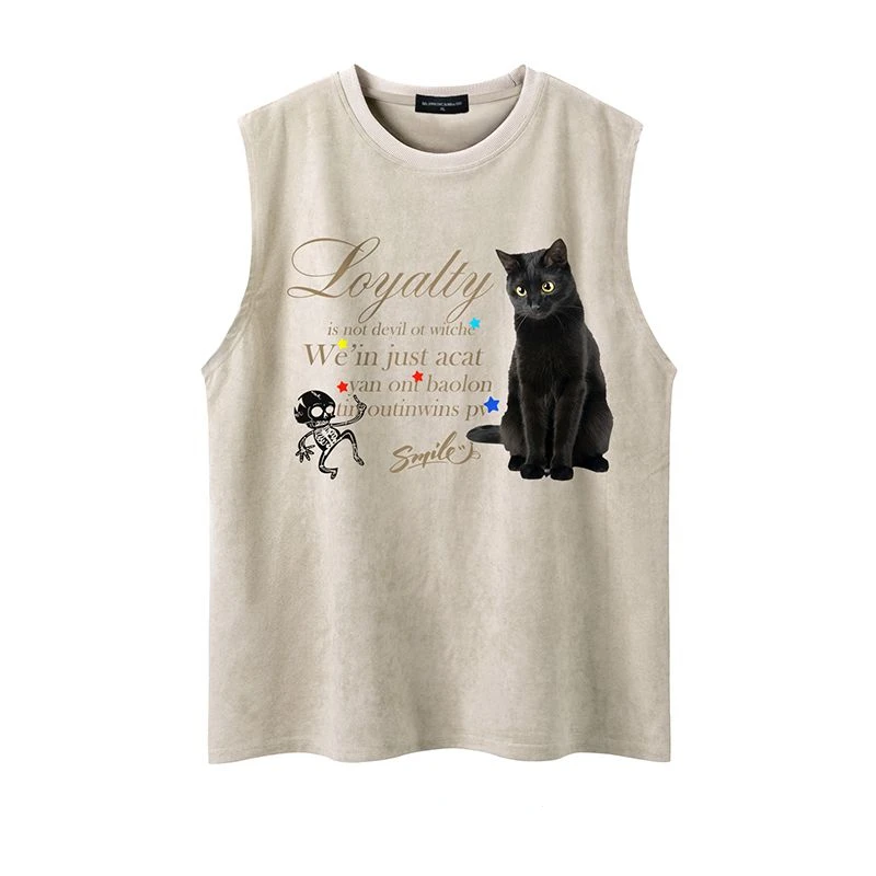 

Vintage Cat Print Sleeveless Tshirts Women Loose Letter American Fashion Vest Men High Street Tanks Tops Grunge Hiphop Y2k