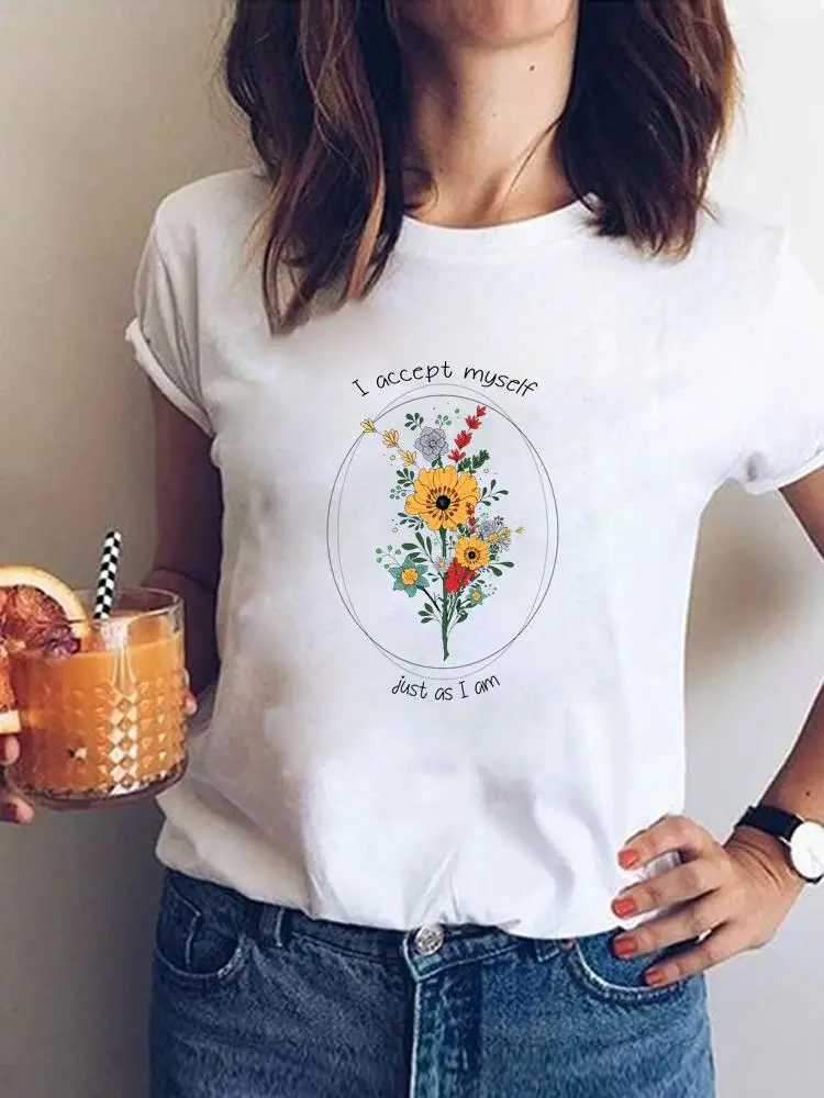 

Letter Sweet Flower 90s Print Summer T Short Sleeve Casual Ladies Fashion Female Graphic Tee Women Clothing T-shirts