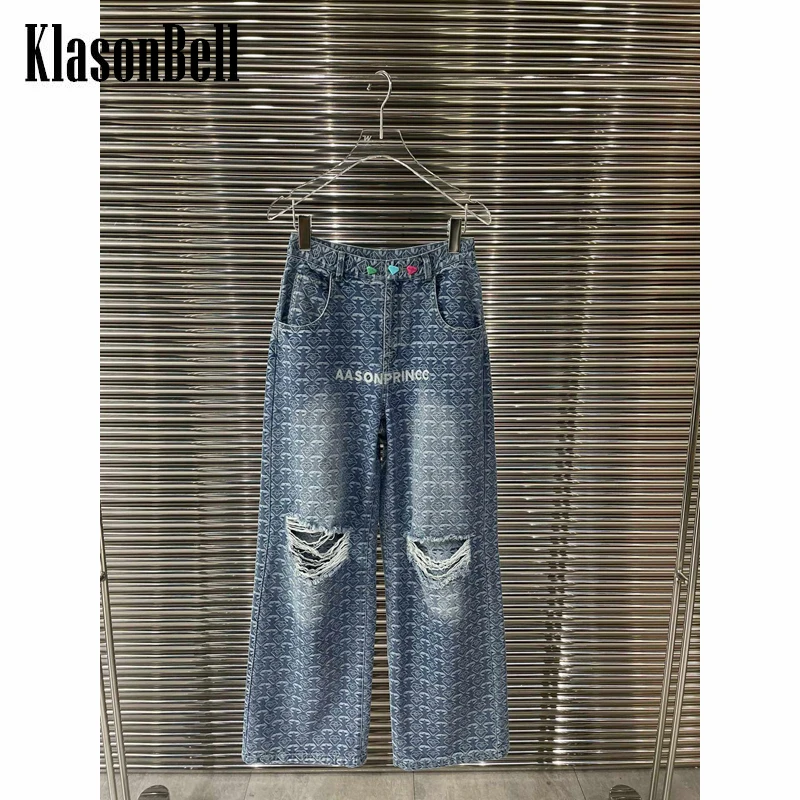

7.27 KlasonBell Vintage Print Letter Hole Straight Jeans Women