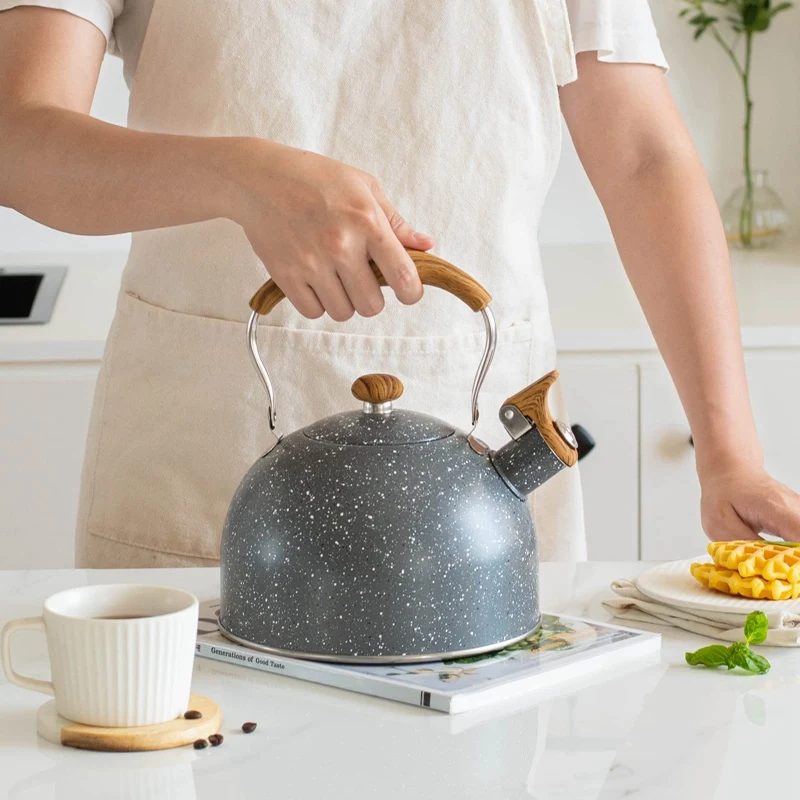 

Quart Whistling Tea Kettle Stainless Steel Tea Pots For Stove Top Stylish Kettle With Wood Pattern Anti-Slip Handle