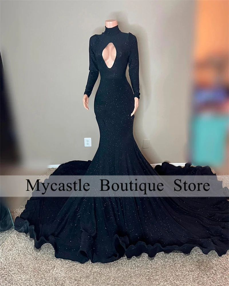 

Elegant Black Velvet Mermaid Prom Dresses 2023 For Black Girls High Neck Long Sleeve Wedding Party Gowns Robe De Bal