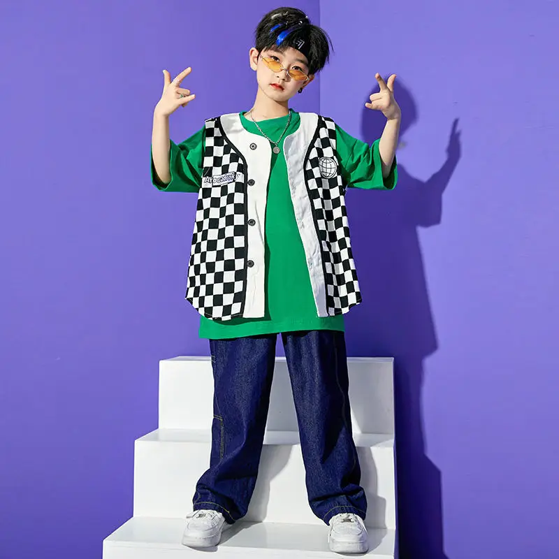 Комплект уличной одежды в стиле хип-хоп для мальчиков и девочек клетчатый жилет