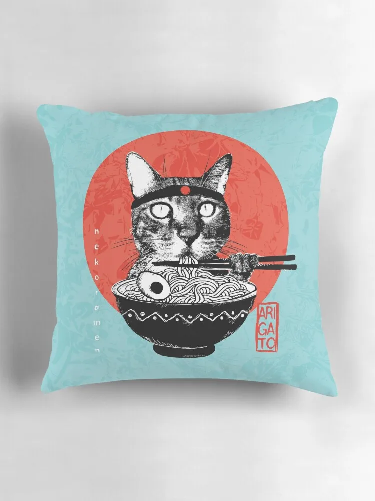 Неко рамен-Мистер мяу аригато бирюзовый фон декоративная подушка предметы