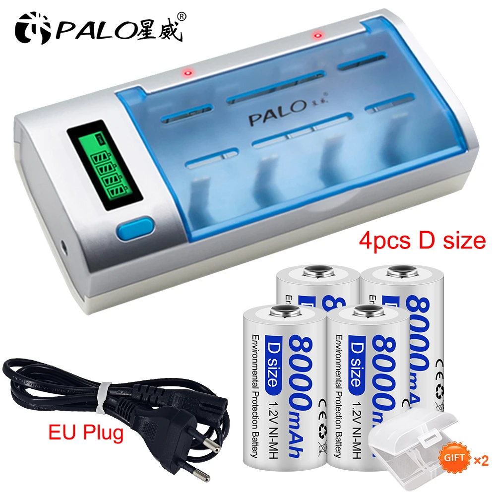 

PALO 1.2V 8000mAh D Size Rechargeable Battery 8000mAh 1.2V D Type R20 Ni-MH Batteries+Charger for Flashlight Gas Stoves Toy Car