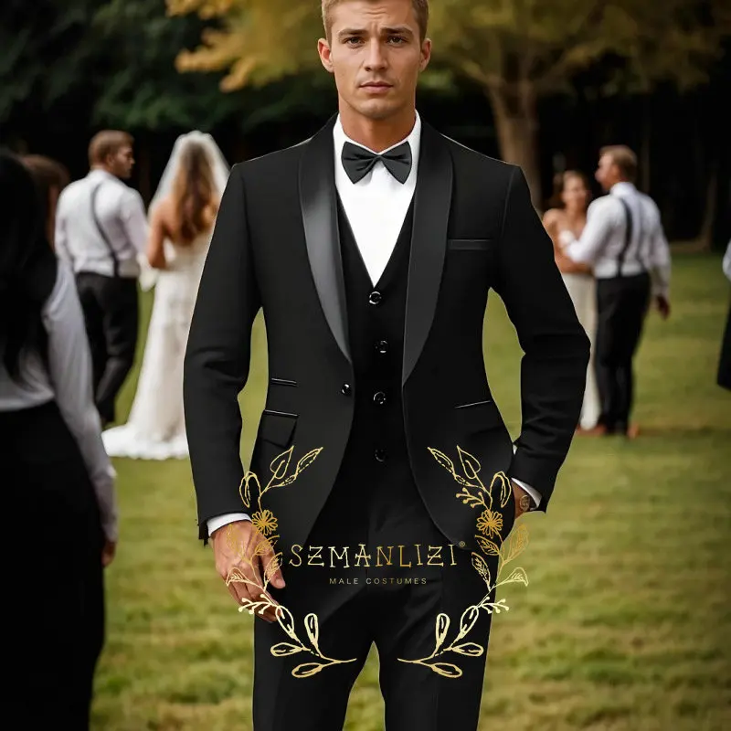 Фото Формальные темно-зеленые мужские костюмы Slim Fit из 3-х предметов смокинг жениха с шалью и лацканами Блейзер Брюки Комплект свадебных женихов Выпускной Мужская мужская одежда №3