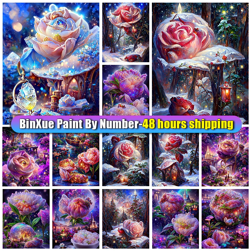 

BinXue 2023 New Colorful Fantasy Snow Roses Flower Painting by Numbers Scenery Trees Handmade DIY Watercolor Home Decor Gifts