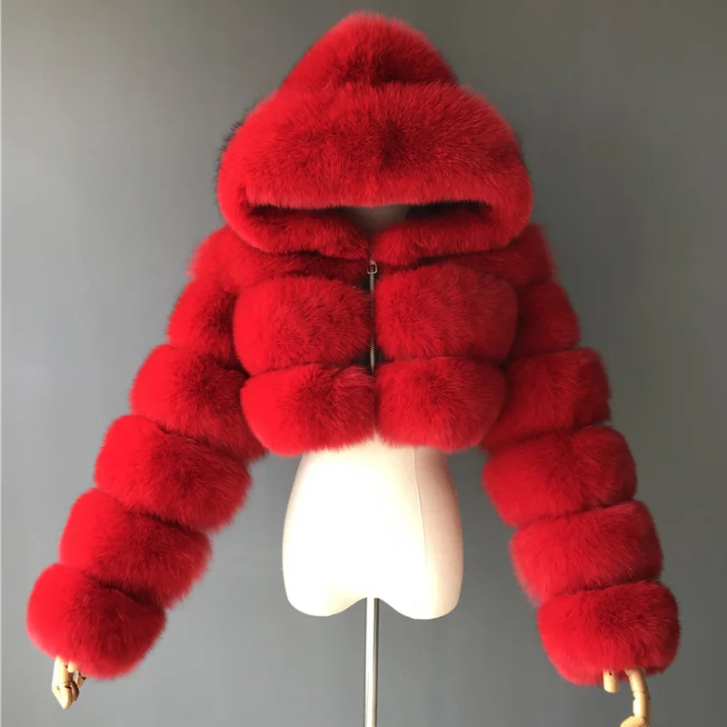 Lavelache Real Fox Fur Bare Midriff Short Coat Hooded Winter Luxury Fur Clothes Women Natural Fur Jacket enlarge