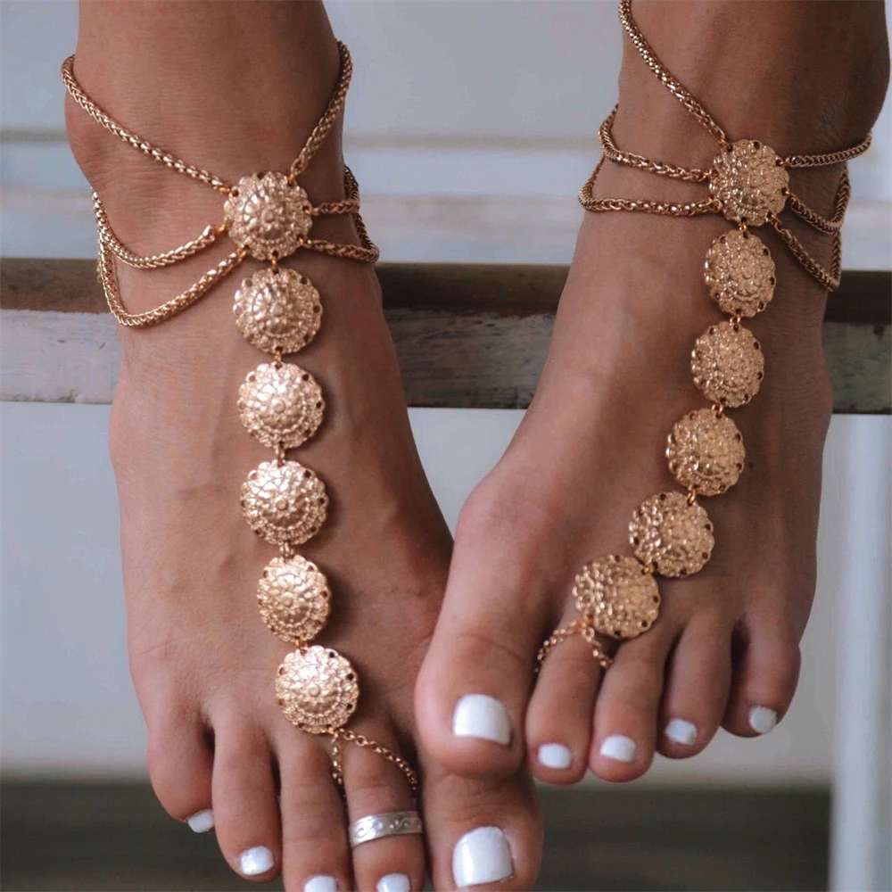 

1PC Ethnic Carved Flower Toe Anklets for Women Fashion Charms Metal Layered Chain Link Foot Ankle Bracelet Bohemia Beach Jewelry