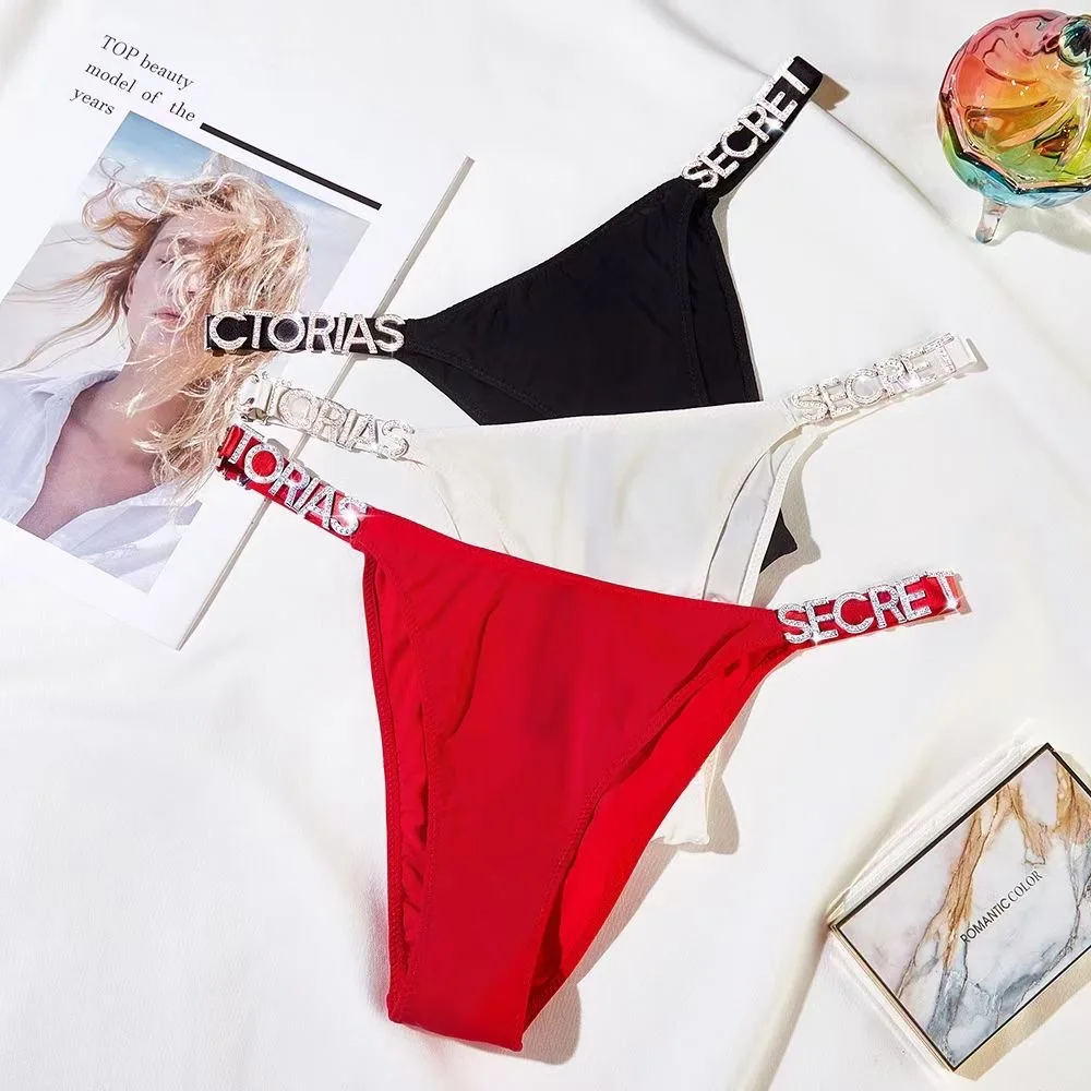 

2022 New Luxury Women Sexy Low Waist Lingerie Metal Letter Rhinestone Comfort G Strings Thongs Seamless Pink Underwear Panties