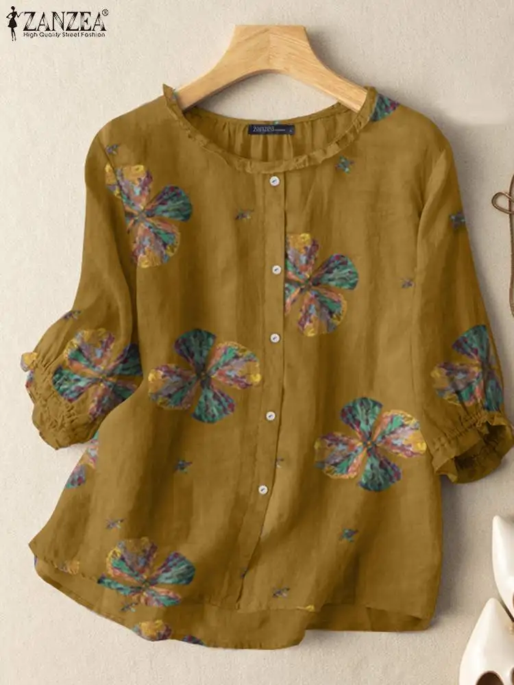 

ZANZEA Summer Fashion Tunic Tops Woman Floral Printed Blouse Elegant Ruffles Chemise 3/4 Sleeve O-Neck Casual Shirt Oversized