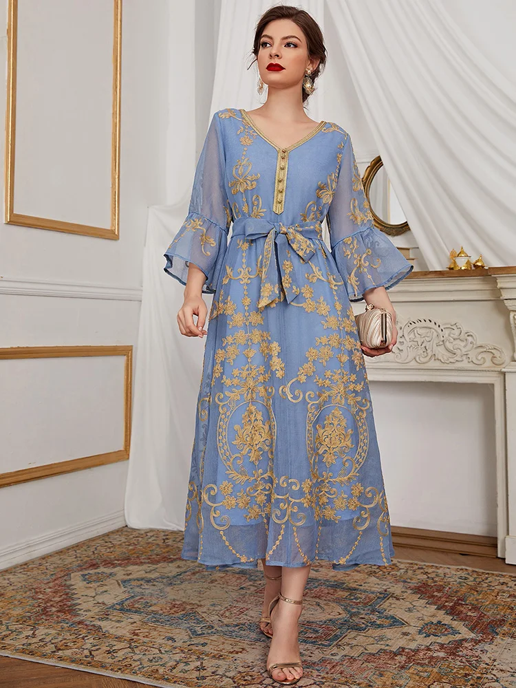 

Женское элегантное платье-миди TOLEEN, новое летнее роскошное вечернее вечерние с вышивкой и V-образным вырезом и поясом в арабском, турецком, африканском стиле, 2022