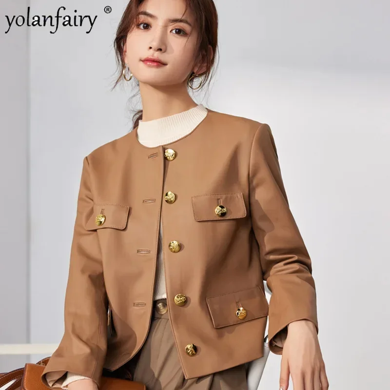 

2023 Autumn New Natural Sheepskin Coat for Women Short Round Neck Fashion Versatile Genuine Leather Single Breasted Jacket FCY