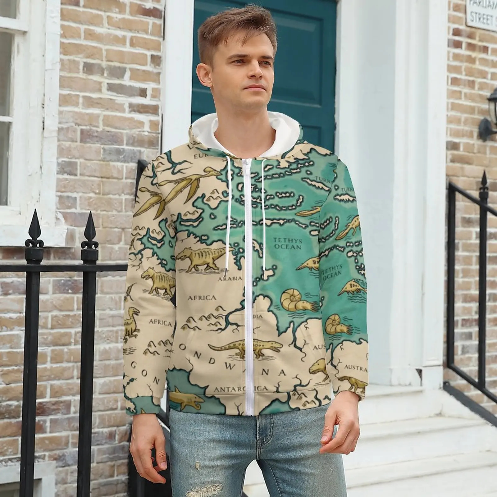 

Vintage Map Hoodies Supercontinent Pangaea Autumn Polyester Hoodie Nice Zip Up Hoodie For Man Plus Size XXXL