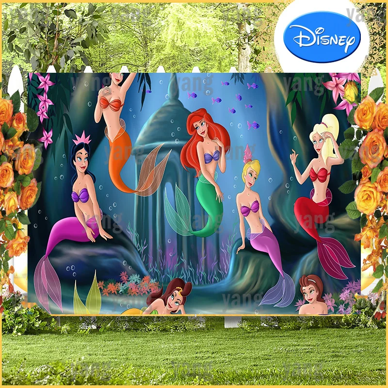Enlarge Disney Princess Backdrop The Little Mermaid Ariel Baby Birthday Party Decoration Deep Sea Castles Photography Backgrounds Banner