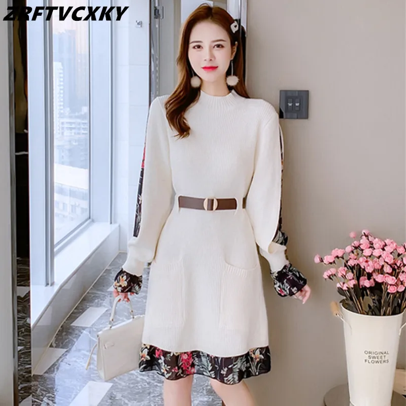 

Женское винтажное трикотажное платье, элегантное шифоновое платье составного кроя с поясом и длинным рукавом, свитер в стиле бохо для отпус...