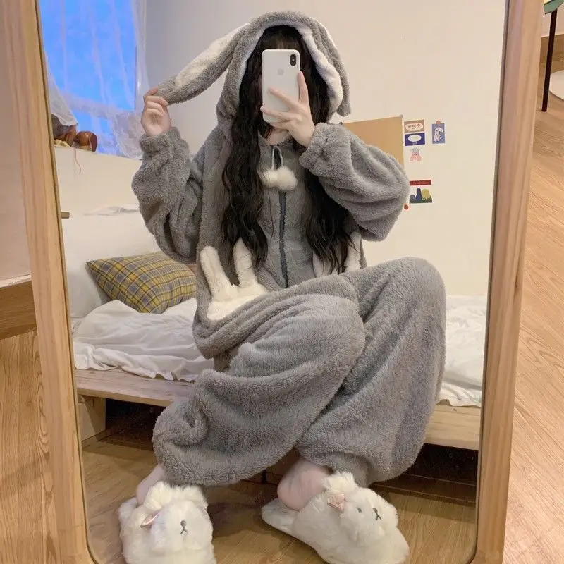 QWEEK Bunny Hooded Onesies Women Kigurumi Pajamas Cute Pijama Winter Warm Sleepwear Kawaii Female Set with Pants Long Sleeve |