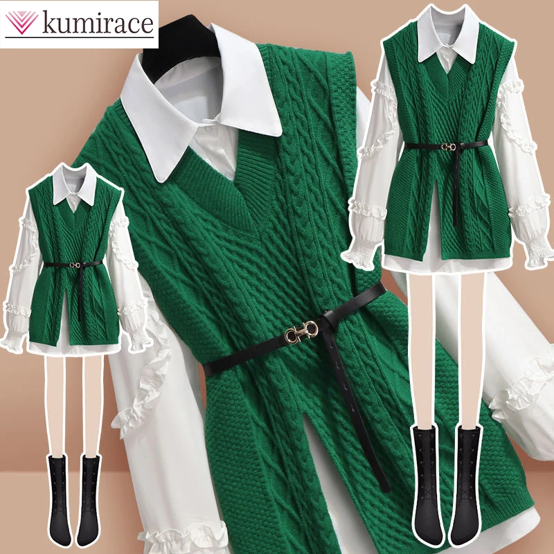 

Large Women's Autumn and Winter Women's Suit 2022 Korean New Elegant Women's Green Knitting Vest White Shirt Two-piece Set