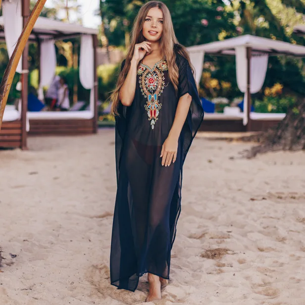 

SuperAen 2022 Beach Blouse Chiffon Embroidered Holiday Robe Bikini Sunscreen Shirt Woman Dress