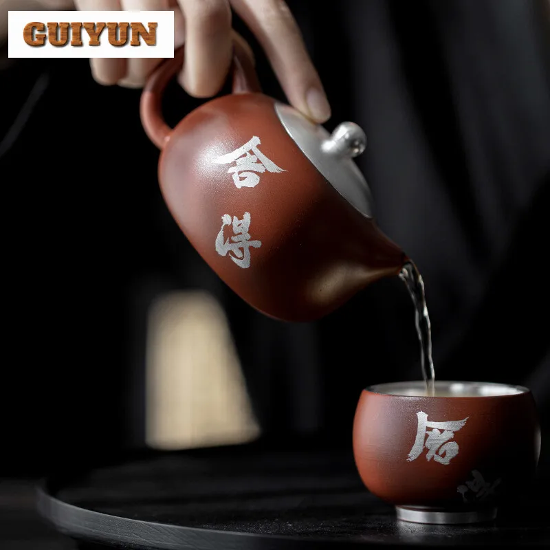 60 мл Handamde 999 чистого серебра позолоченная керамическая чашка фиолетовая глина