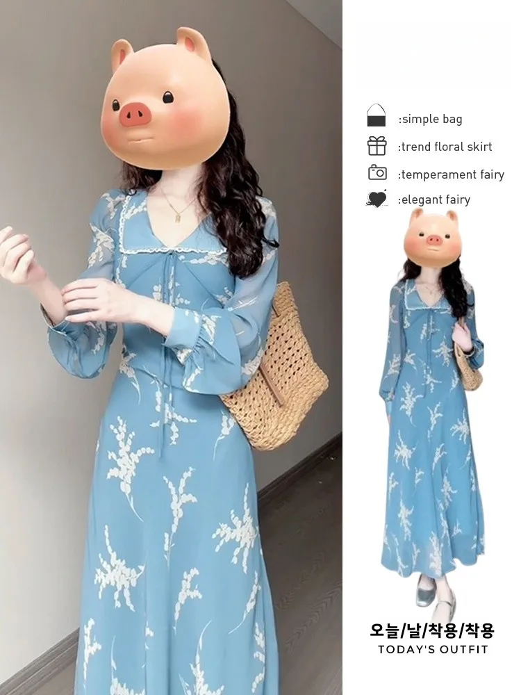 Французское синее платье с цветочным принтом и длинными рукавами детское Новое