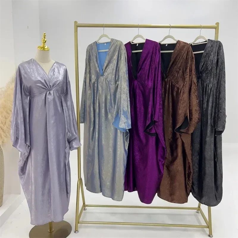 Блестящее платье Eid Satin с рукавом летучая мышь роскошное мусульманское Дубая 2024