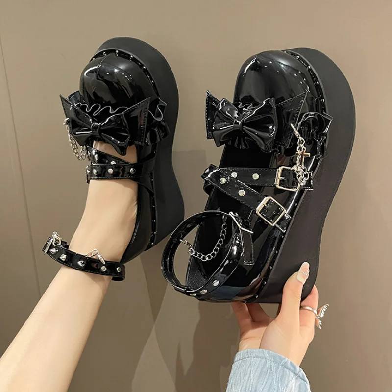 

ZOKI 2023 Spring Chunky Platform Mary Janes Women Sweet Bowtie Ankle Strap Lolita Shoes Woman Rivets Punk Gothic Shoes Pumps