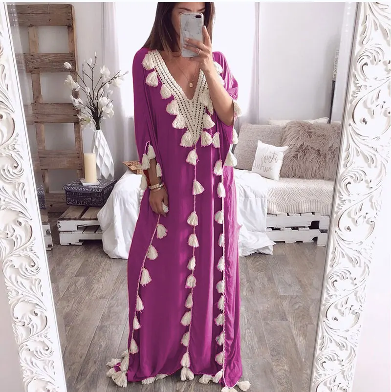 

Casual Home Wear Dress Loose Middle Eastern Dress Casual Long Loose Robe V-Neck bohimian Women Clothes kaftan Dress Muslim