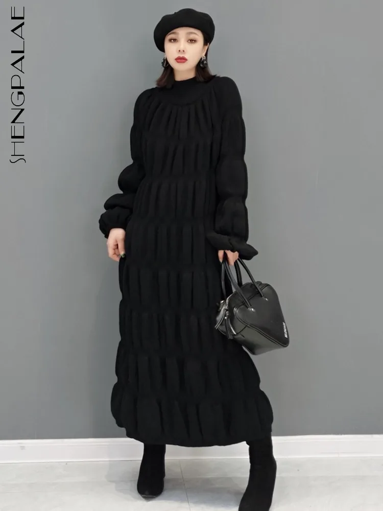 SHENGPALAE Causal Fashion Classic Knitted Dress Black Thickened Vintage Pleated Knitted Sweater Pullover 2023 Spring Trend 5R747