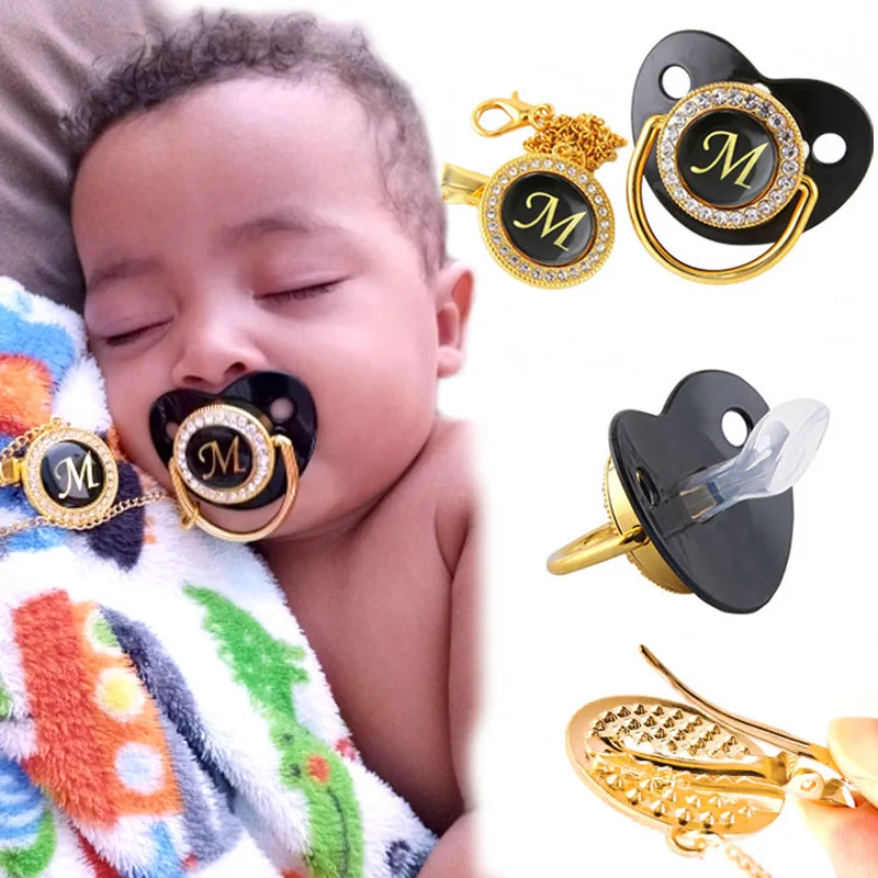 

Name Initials Baby Pacifier and Clip Luxury Black Bling Alphabet Letter Infant Pacifier Gold Letter Unique Baby Shower Gift