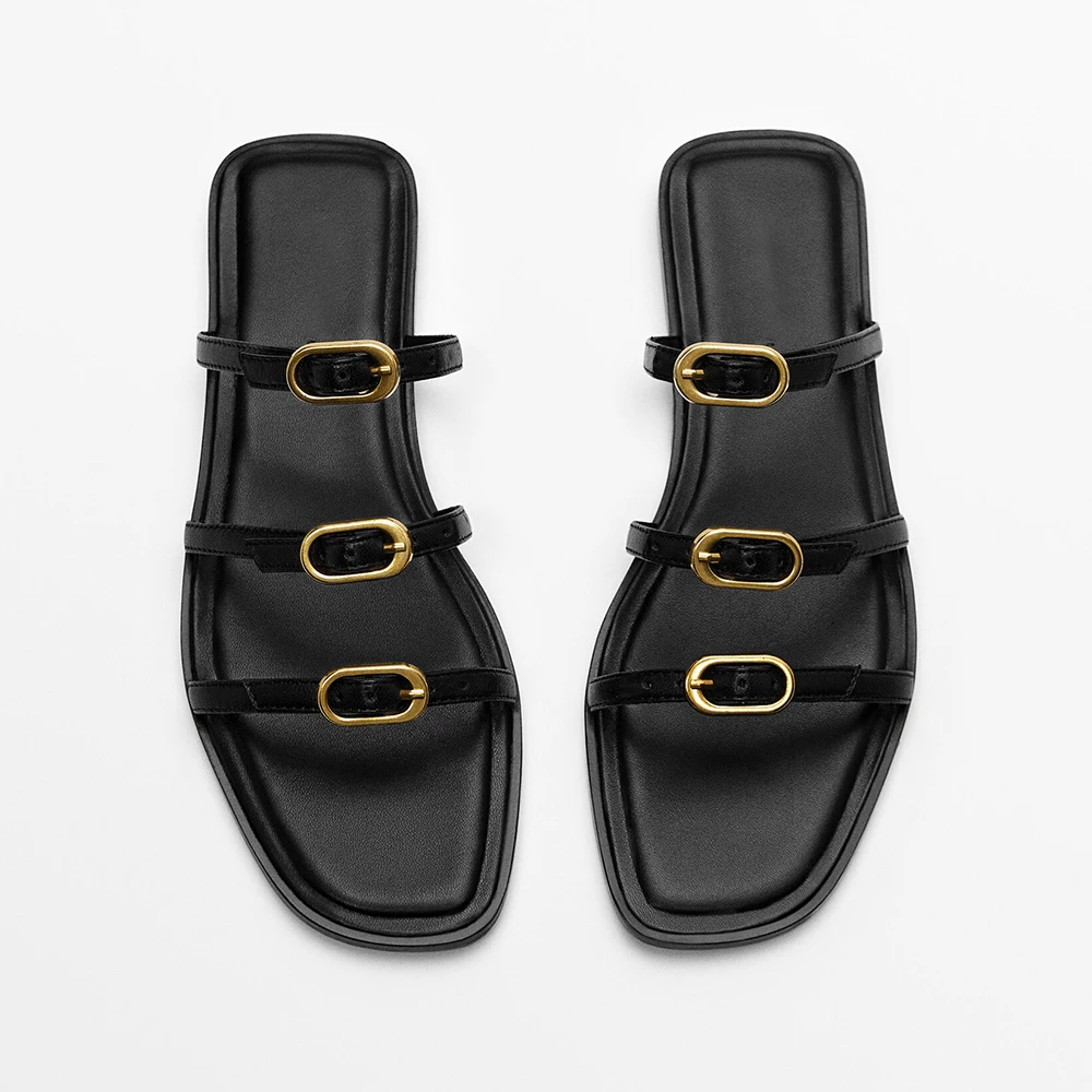 

MOOQDAAX 2022 Spring Summer New Women's Shoes Black Metal Buckle Decorative Three Belt Design Genuine Leather Flat Sandals