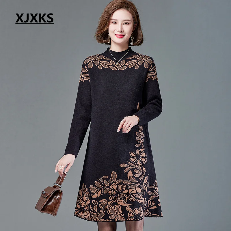 

Новинка зимы 2022, Женский Длинный свитер XJXKS с высоким воротником, Удобный Повседневный шерстяной вязаный пуловер, женское платье